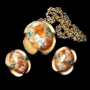 Vintage Judy Lee Speckled Easter Egg Glass Necklace Earring Set
